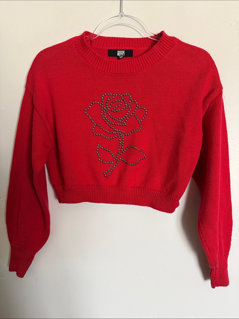 Madden NYC Red Cropped Crewneck Sweater Rose Studded Feminine Knit Cotton Blend